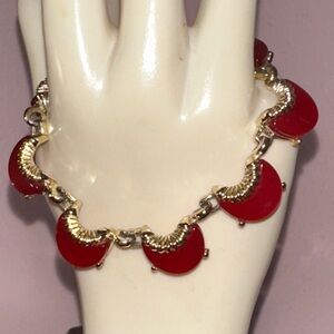 Vintage 60s Half Moon Shaped Red Thermoset & Shiny Gold Tone Bracelet